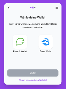 1) Als erstes gibst du an, in welche der beiden Wallets dir die Sat überwiesen werden sollen.
